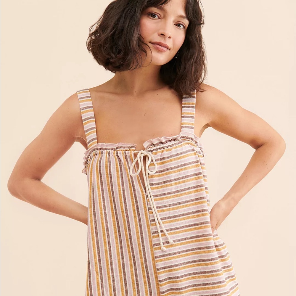 Free People Beach Marianna Striped Ruffled romper shorts in Mustard & Cream